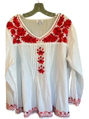 Chic connection tunic top red floral embroidery on white cotton fabric boho 3X